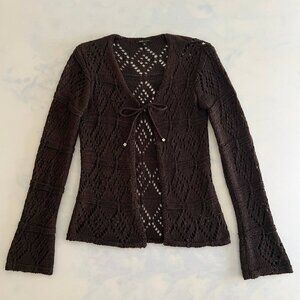 BCBGMAXAZRIA Brown Net Knit Tie Front Cardigan Sweater